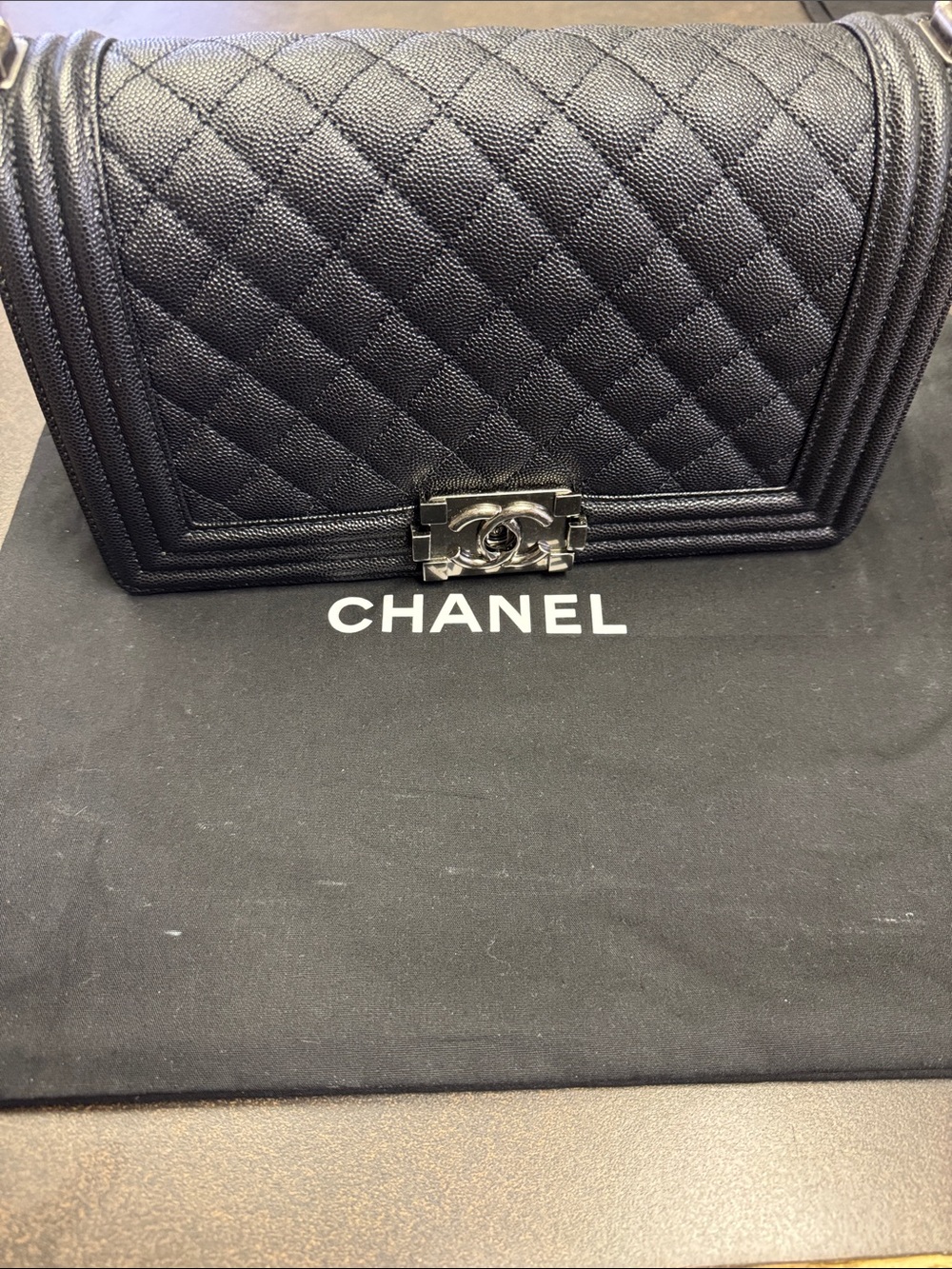 CHANEL Black Quilted Boy Flap Shoulder Bag with Silver Hardware